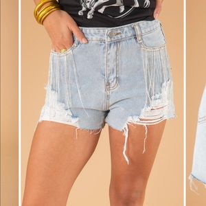 Rhinestone fringe denim shorts